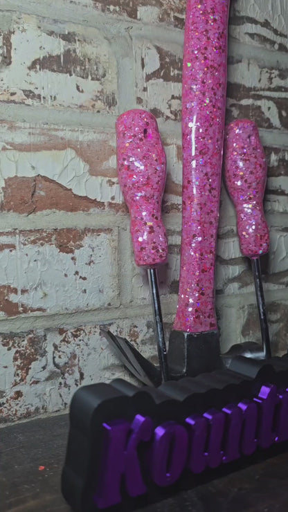 Pink Holographic & Hot Pink Metallic Glitter Hammer and Screwdriver Set | Custom Sparkly Tool Set