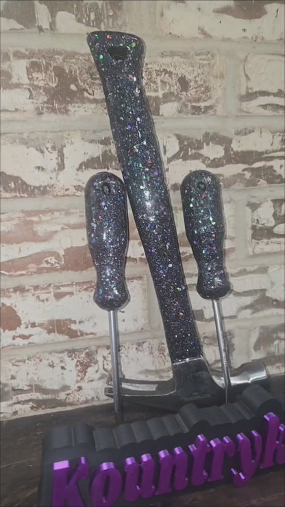 Black with pops of purple glittered hammer and screwdriver set