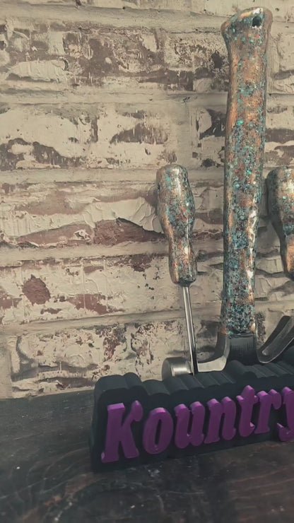 Teal and brown with copper foiling hammer and screwdriver set