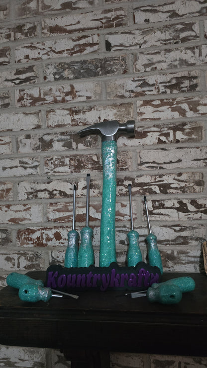 9 piece Tiffany blue and silver foiling glitterized tool set