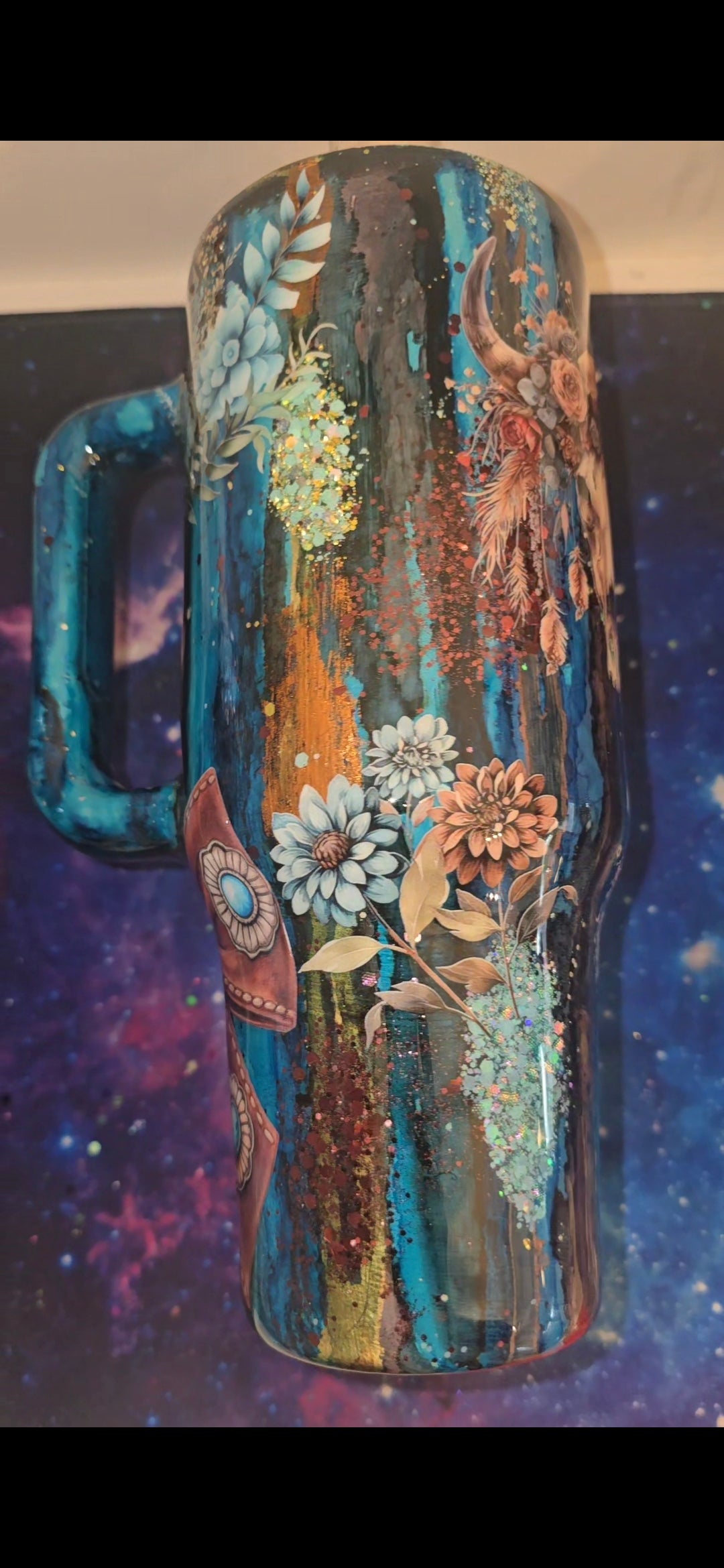 40oz teal bullskull rustic raindrop