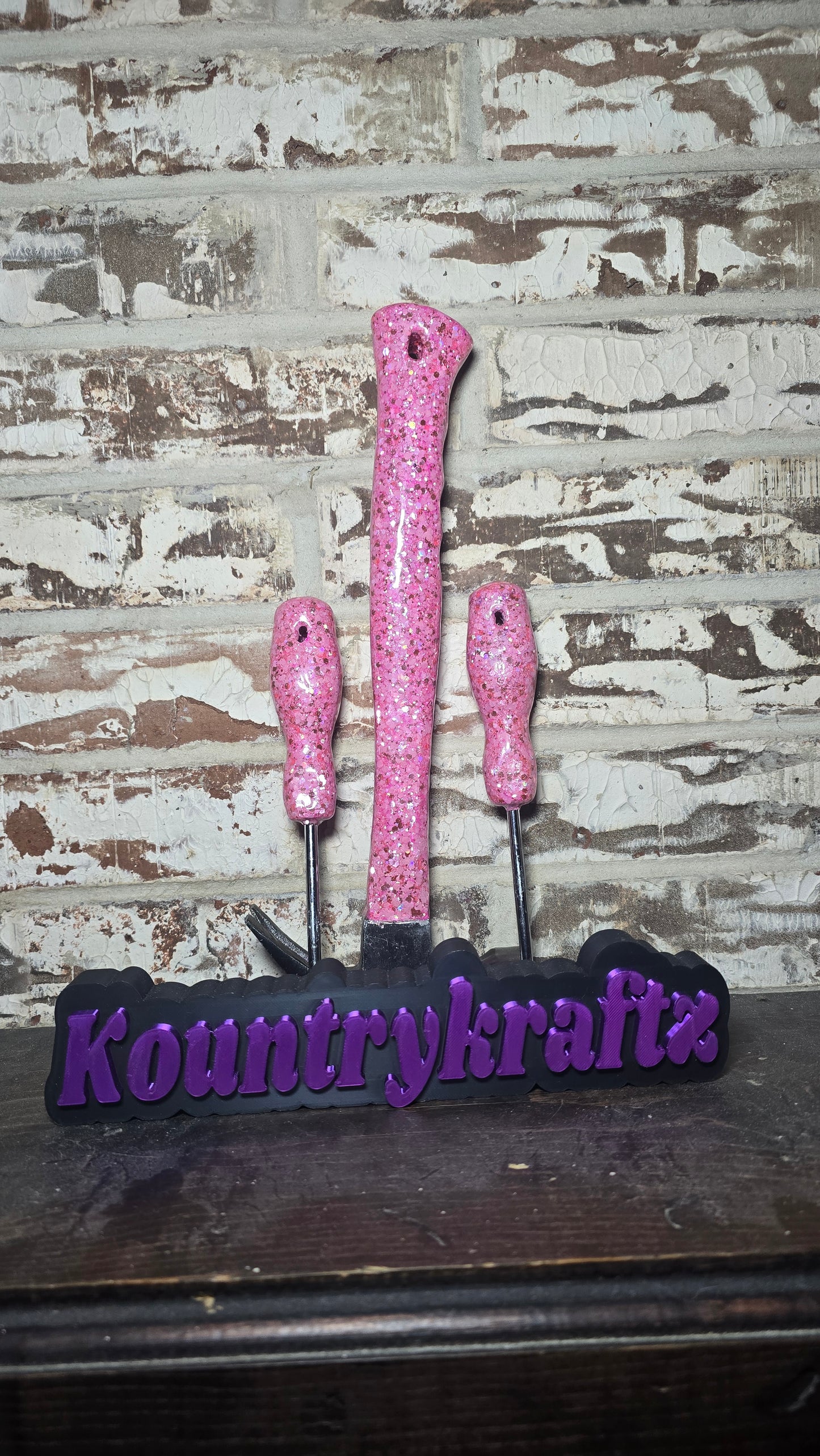 Pink Holographic & Hot Pink Metallic Glitter Hammer and Screwdriver Set | Custom Sparkly Tool Set