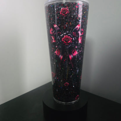 24oz Black and red glitter with roses and bow
