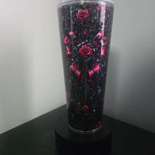 24oz Black and red glitter with roses and bow