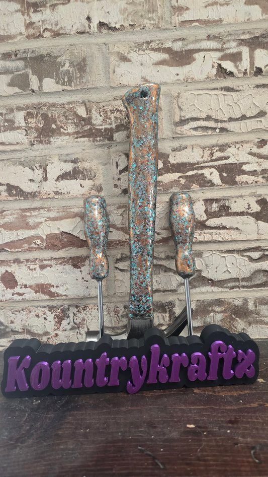 Teal and brown with copper foiling hammer and screwdriver set