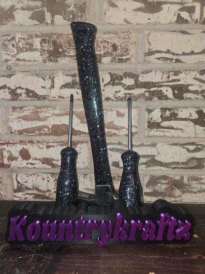 Black with pops of purple glittered hammer and screwdriver set