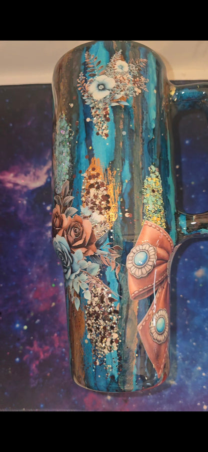 40oz teal bullskull rustic raindrop