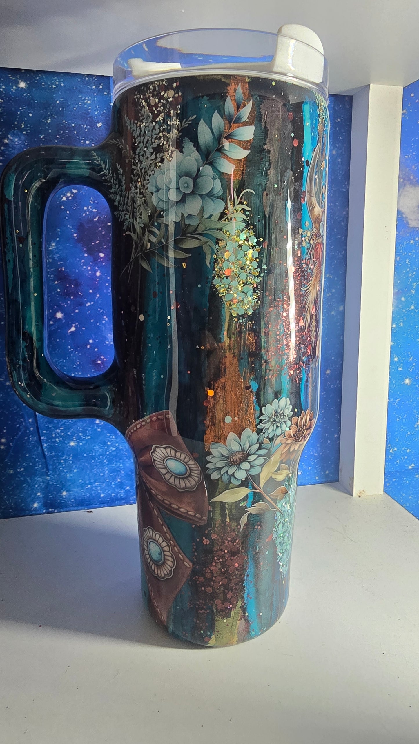 40oz teal bullskull rustic raindrop