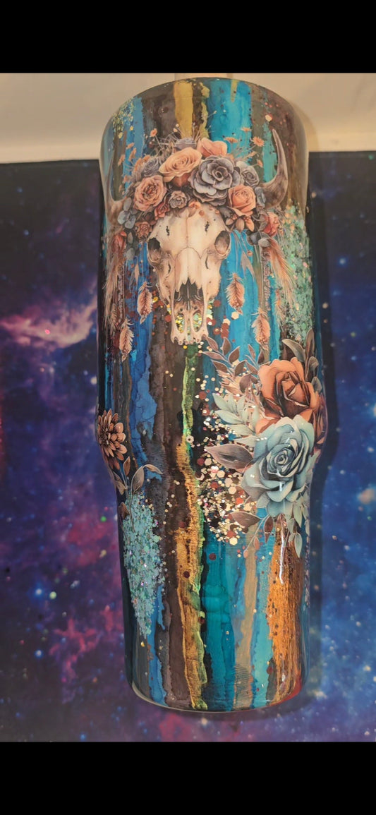 40oz teal bullskull rustic raindrop